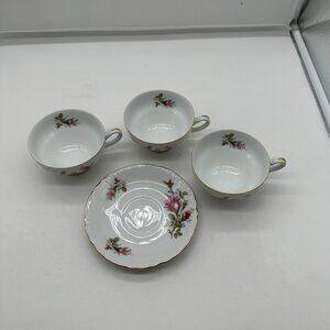 Set of 3 + 1 Vintage Grantcrest Royal Rose Footed Cups Mugs & Saucer